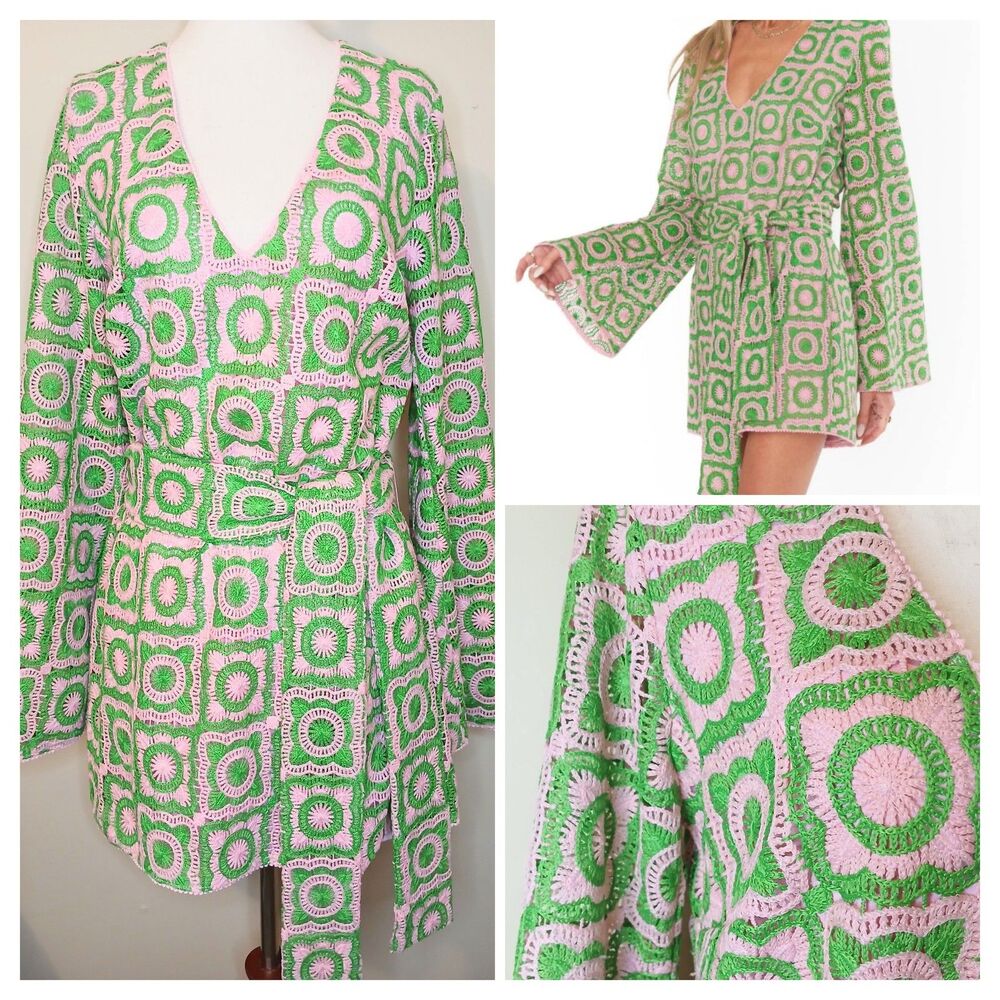 Show Me Your MUMU Dress Sz S Mini Crochet Granny Square Pink Green